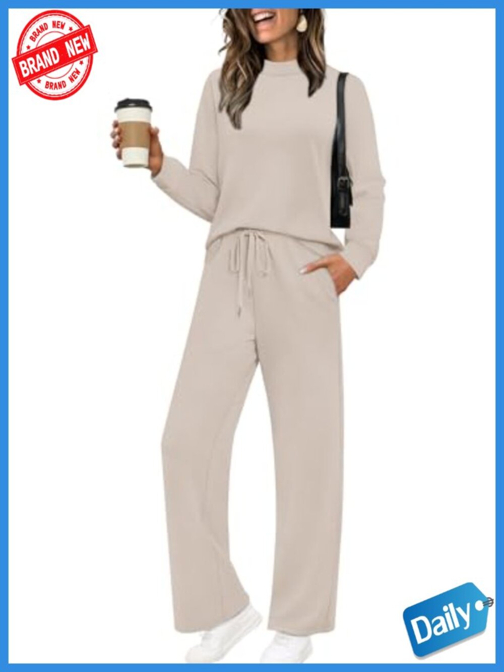 Two Piece Matching Lounge Set Long Sleeve Wide Leg Pants Drawstring